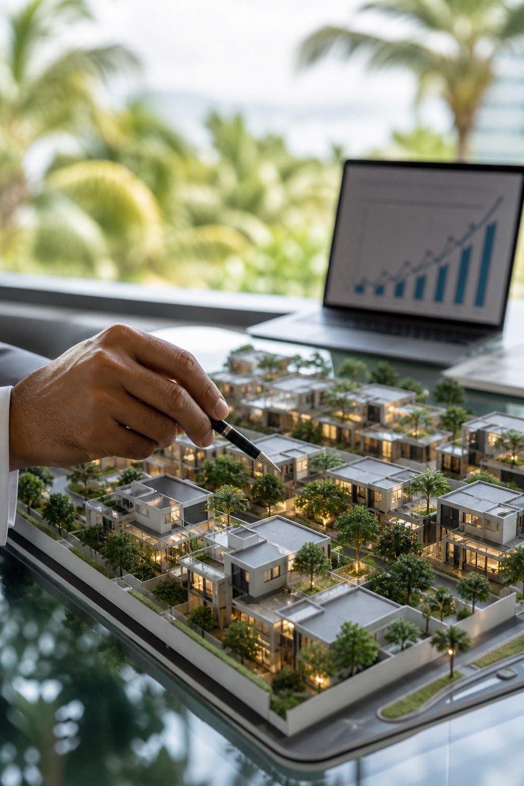 Эксперт изучает проект виллы и данные рынка